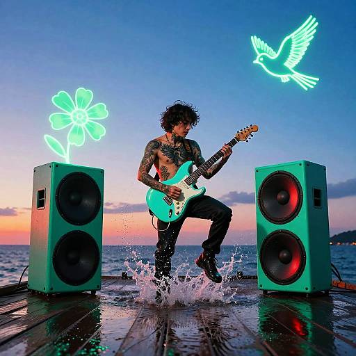 Photograph of a tattooed, shirtless male musician with curly hair playing a neon blue electric guitar on a wooden dock at sunset, surrounded by glowing