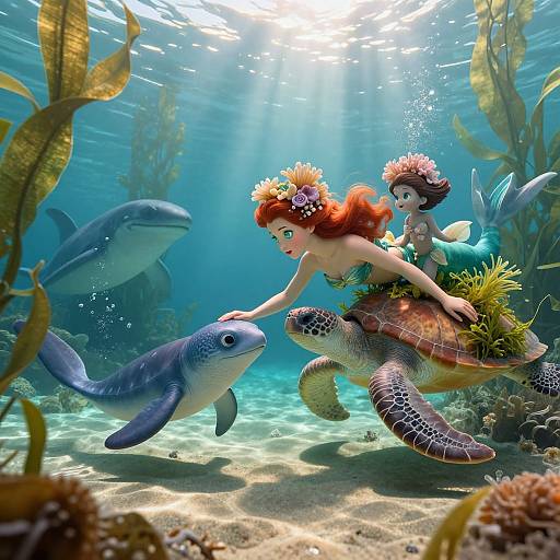CGI underwater scene featuring a red-haired mermaid and a green-haired mermaid with seashell bras, swimming with a shark and a sea turtle