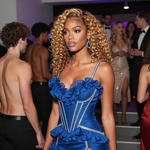 Woman in Blue Ruffled Dress at Party