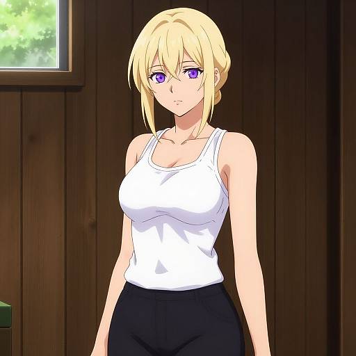 Anime-style digital drawing of a blonde woman with purple eyes, wearing a white tank top and black pants, standing in a wooden room with a window.