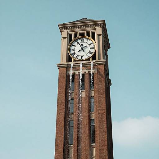 Photograph of a tall, red-brick clock tower with a white clock face and black Roman numerals, set against a clear blue sky. Chains