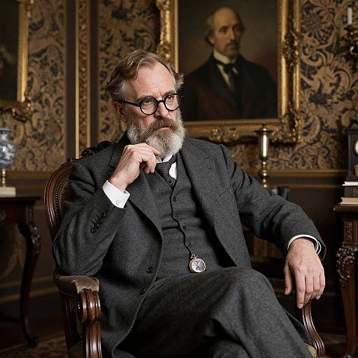 Photograph of a bearded man in a black three-piece suit, glasses, and silver watch, sitting in an ornate room with a framed portrait