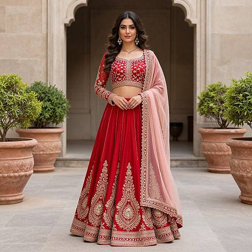 Photograph of a beautiful Indian woman in a red and gold traditional lehenga with a pink dupatta, standing in a courtyard with potted plants and