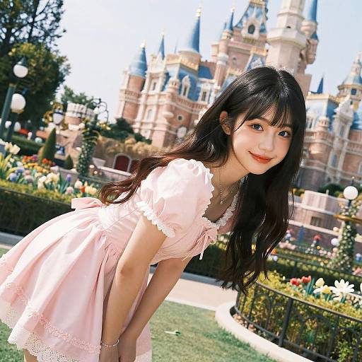 Photograph of an Asian woman with long black hair, wearing a pink dress, bending forward in front of a brightly lit, detailed castle garden with colorful