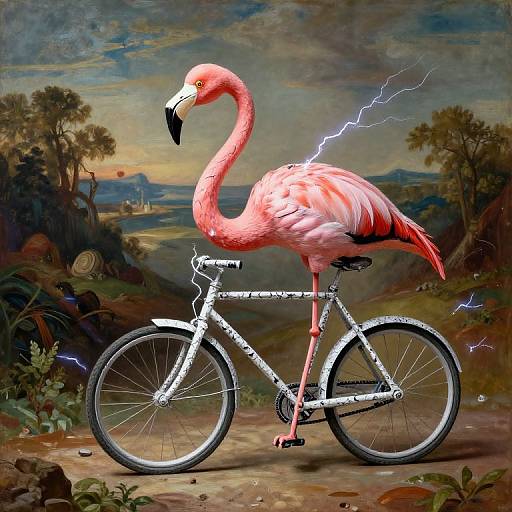 Digital artwork of a pink flamingo with lightning bolts, standing on a white bicycle in a surreal, stormy landscape.