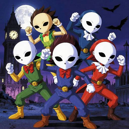 Digital art of five skeleton-headed characters in green, blue, red, green, and blue outfits, fighting pose under a dark, moonlit night sky