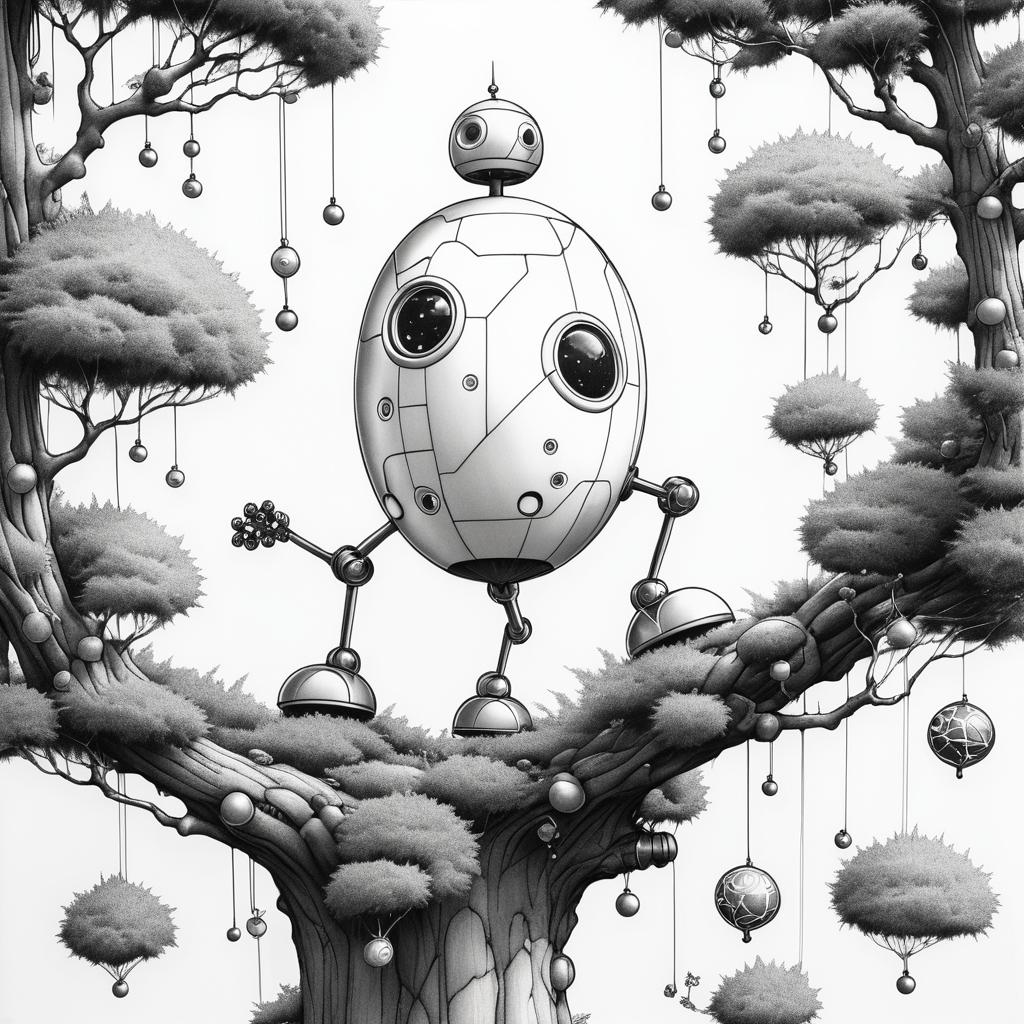 Whimsical Robot Climbing a Gumdrop Tree