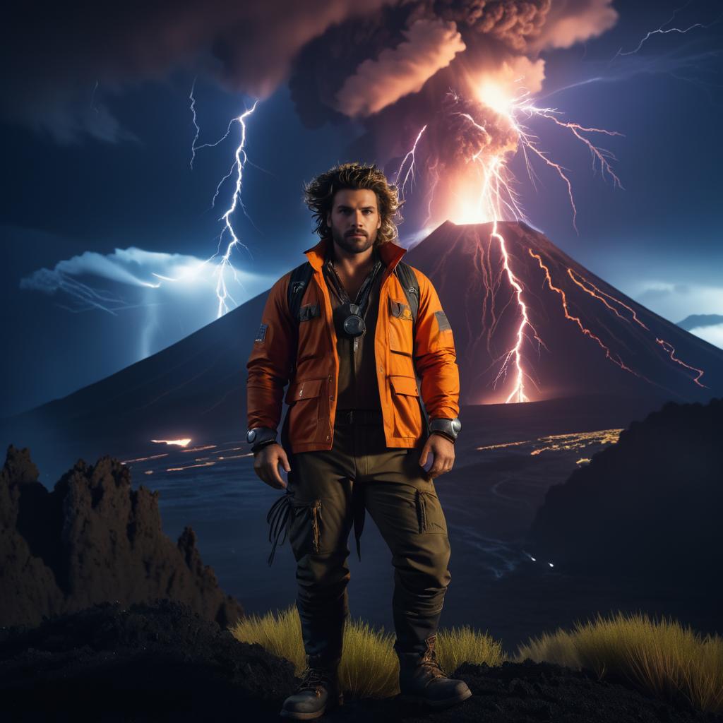 Daring Explorer Against Erupting Volcano