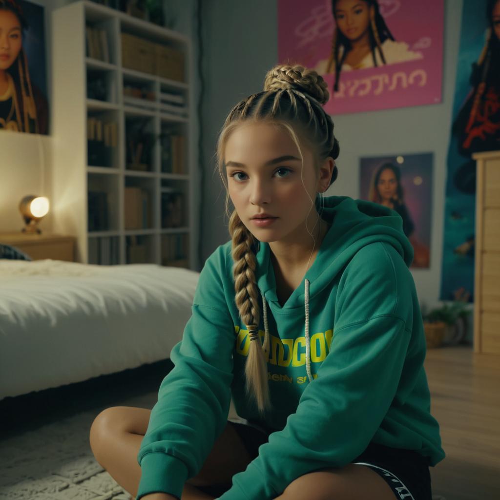 Alluring Girl in Bedroom with Braids