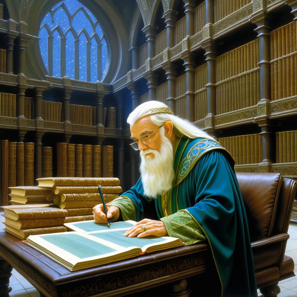 Wise Elf in a Grand Library Scene