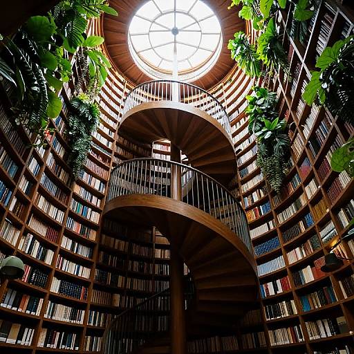 Photograph of a grand, circular library with wooden spiral staircase, bookshelves packed with books, large circular skylight, and lush green plants
