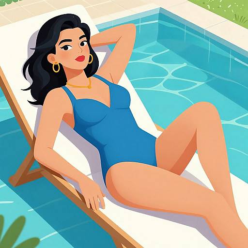 Digital illustration of a woman with black hair, wearing a blue one-piece swimsuit, gold hoop earrings, and necklace, lounging by a pool on