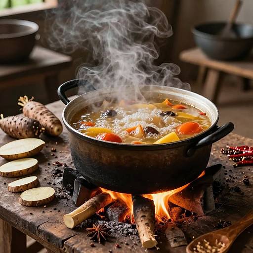 Photograph of a steaming pot of orange vegetable stew on a rustic wooden table with firewood, slices of ginger, and scattered black pepper, set