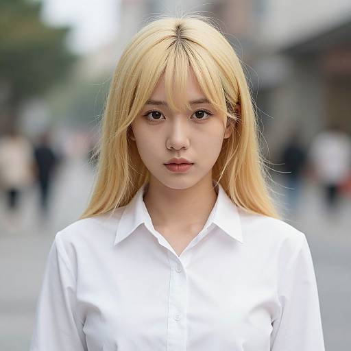 Photograph of a young Asian woman with long, straight blonde hair, wearing a white button-up shirt, standing in a blurred urban street. Her expression
