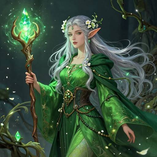 Digital fantasy artwork: Elf woman with long silver hair, green dress, and flowers, holding a glowing crystal staff, in a mystical forest.