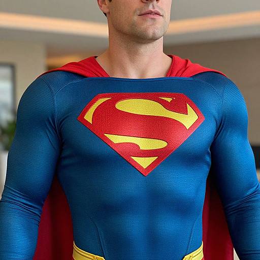 Photograph of a muscular man in a blue, textured Superman costume with a red cape and yellow-red 'S' emblem, cropped above the nose.