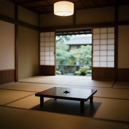Photograph of a traditional Japanese room with tatami mats, wooden table, star-shaped object, soft light from a ceiling lamp, and a garden view