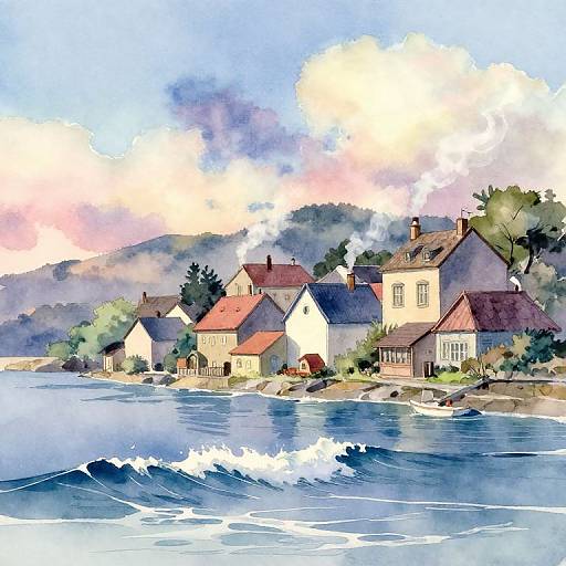 Watercolor painting of quaint coastal village with red-roofed houses, blue waves, and misty mountains under a pastel sky.