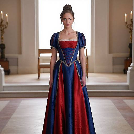 Photograph of a woman in an elaborate, medieval-style, blue and red gown with gold trim, standing in a grand, well-lit hall with