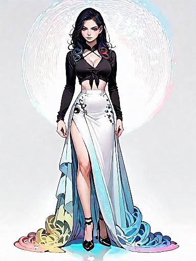 Stylish Woman in Evening Wear with Colorful Skirt Train