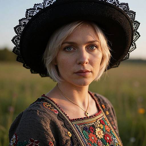 Photograph of a pale-skinned woman with short blonde hair, wearing a black lace hat and colorful embroidered dress, standing in a sunlit, grass