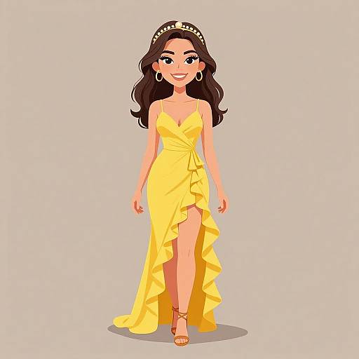 Digital illustration of a smiling woman with long dark hair, wearing a yellow, ruffled, asymmetrical dress, gold headband, hoop earrings, and