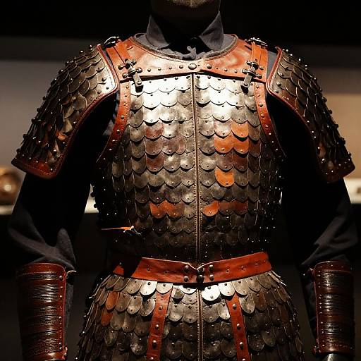 Photograph of medieval-style samurai armor with overlapping metal scales, red leather straps, and dark background, highlighting the armor's shiny, textured surface.