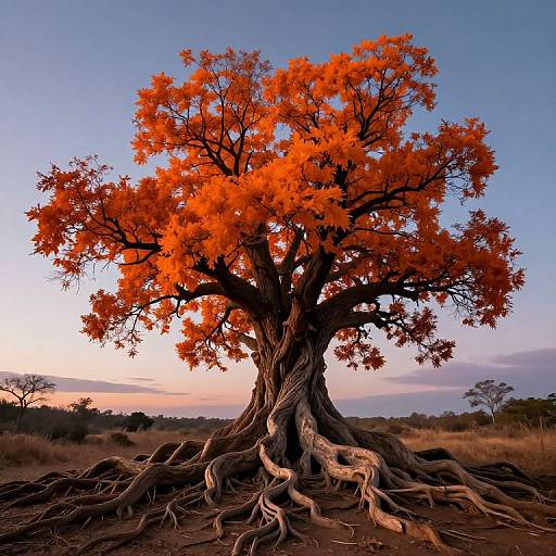 Photograph of a majestic, gnarled tree with vivid orange leaves, set against a clear, twilight sky and dry, grassy savanna landscape