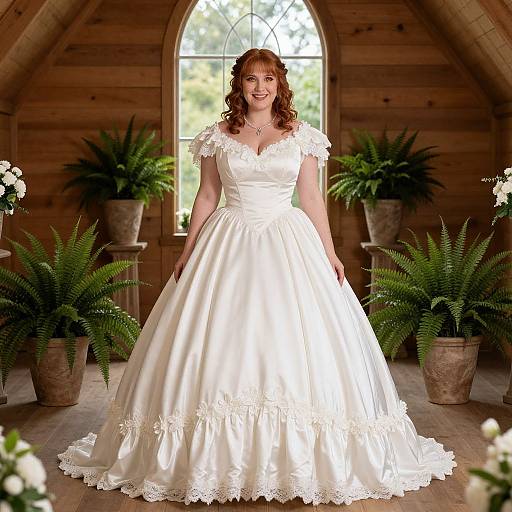 Photograph of a smiling, red-haired bride in a white, lace-trimmed, satin wedding gown standing in a wooden, arch-windowed room