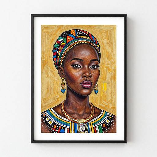 Vibrant digital portrait of an African woman with dark skin, colorful headdress, beaded necklace, and earrings, framed on a white background.