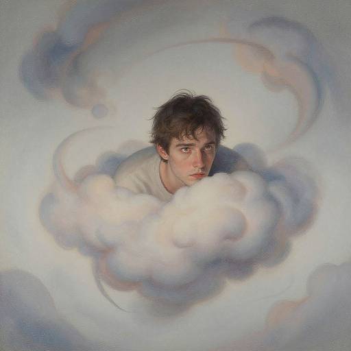 Photorealistic digital painting of a young man with tousled brown hair, peeking out from a swirling, ethereal cloud against a soft blue-gray