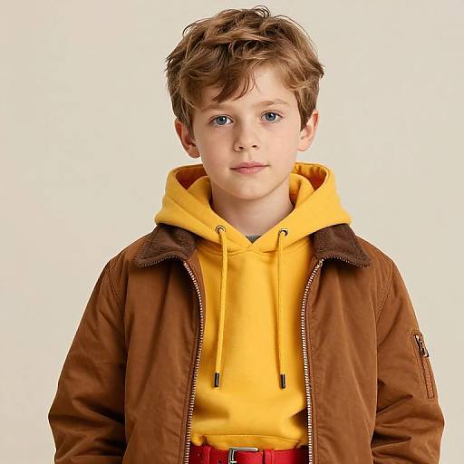 Photograph of a young boy with light brown hair, blue eyes, wearing a yellow hoodie and brown jacket, against a plain white background.