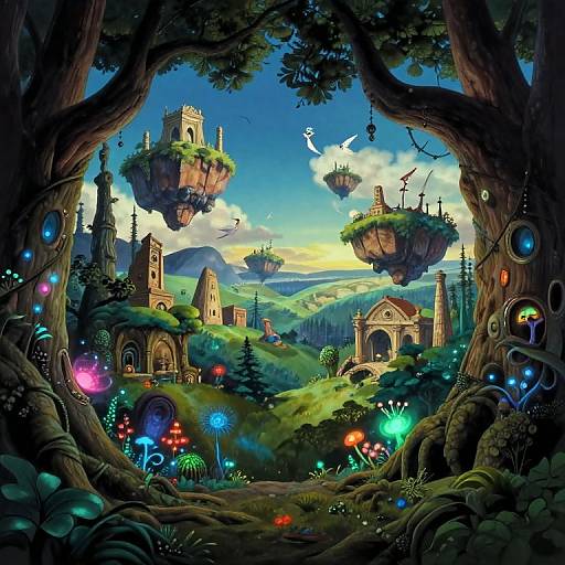 Whimsical fantasy landscape: glowing mushrooms, floating islands, ancient ruins, vibrant colors, enchanted forest, towering trees, floating birds, magical glow orbs