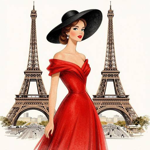 Digital illustration of a stylish woman in a red off-shoulder dress and black hat, standing in front of the Eiffel Tower.