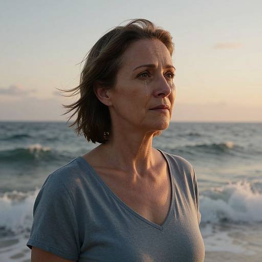 Photograph of a middle-aged woman with short brown hair, wearing a wet, gray V-neck shirt, standing by the ocean at sunset, looking pens