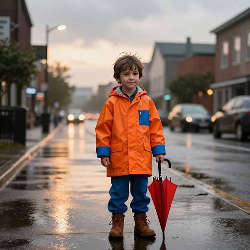 Boy in Vibrant Raincoat on Rainy Street