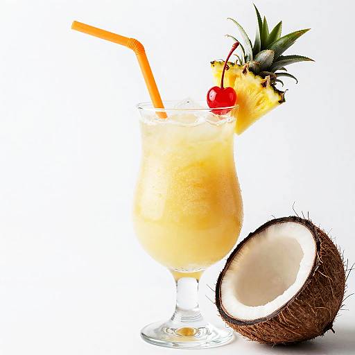 Photograph of a tropical cocktail with an orange straw, pineapple garnish, cherry, and coconut halves on a white background.