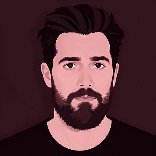 Digital portrait of a bearded man with dark hair, pinkish-white skin, and black shirt, set against a dark purple background.