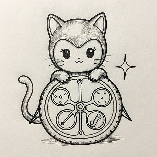 Cute black-and-white digital drawing of a chibi cat with a mechanical gear helmet, holding it with paws, tail curled.