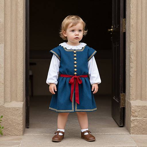 Photograph of a blonde toddler girl in a blue dress with red ribbon, white shirt, brown shoes, standing in a stone doorway.