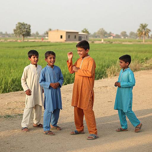 Photograph of four young South Asian boys in traditional attire, standing on a rural dirt road, with green fields and a small building in the background,