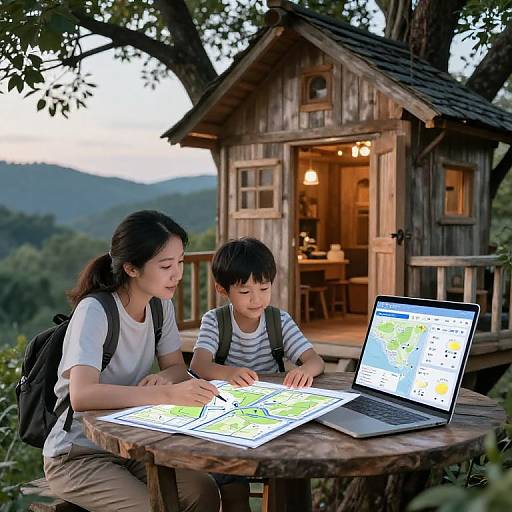 Photograph of an Asian woman and boy studying a map on a wooden table with a laptop, in front of a rustic treehouse at dusk.