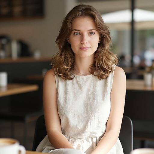 Photograph of a young woman with wavy brown hair, wearing a sleeveless white dress, sitting in a softly lit café.