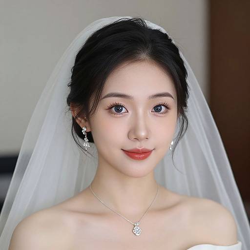 Photograph of an Asian bride with fair skin, dark hair, blue eyes, red lipstick, wearing a white veil, diamond earrings, and necklace,