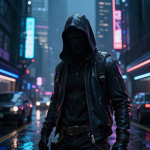 Mysterious, hooded figure in black leather jacket walks in a neon-lit, rainy urban street at night, surrounded by glowing signs and wet pavement