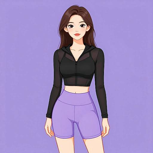 Sporty Chic Woman in Black Mesh Jacket and Lavender Shorts