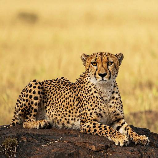 Photograph of a regal cheetah with golden fur and black spots, lying on a dark rock in a sunlit, yellow grassy sav
