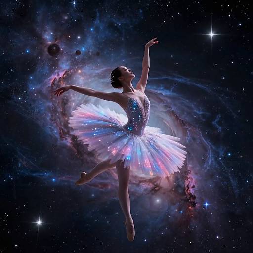 Photograph of a ballerina with a glowing, iridescent tutu floating in a starry, cosmic galaxy, arms gracefully raised, ev