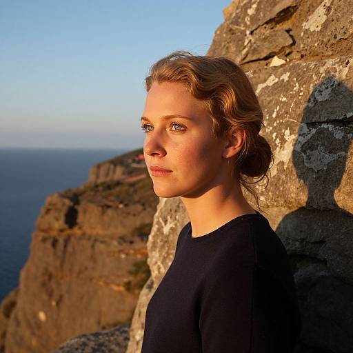 Photograph of a fair-skinned woman with wavy blonde hair, wearing a black shirt, standing against a rocky cliffside, ocean in the background