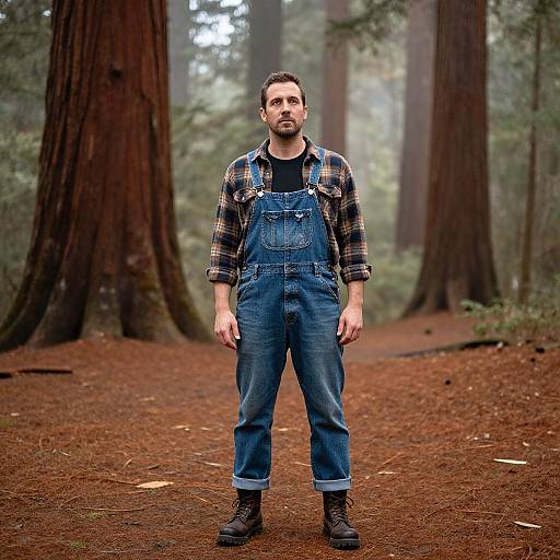 Photograph of a bearded man in plaid shirt and denim overalls standing in a redwood forest, with tall trees in the background.